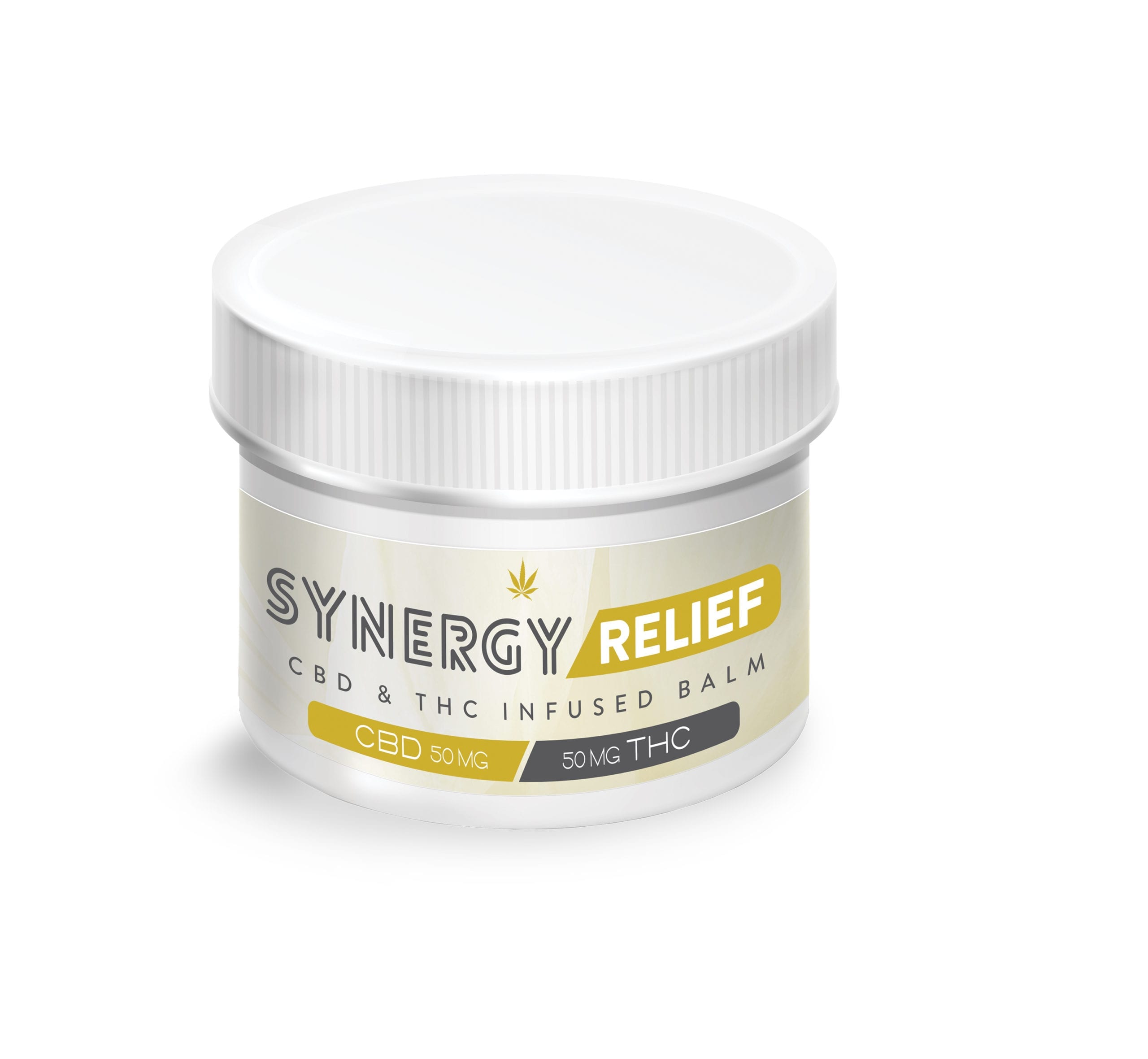 Synergy Relief CBD & THC Infused Balm container featuring new custom label.
