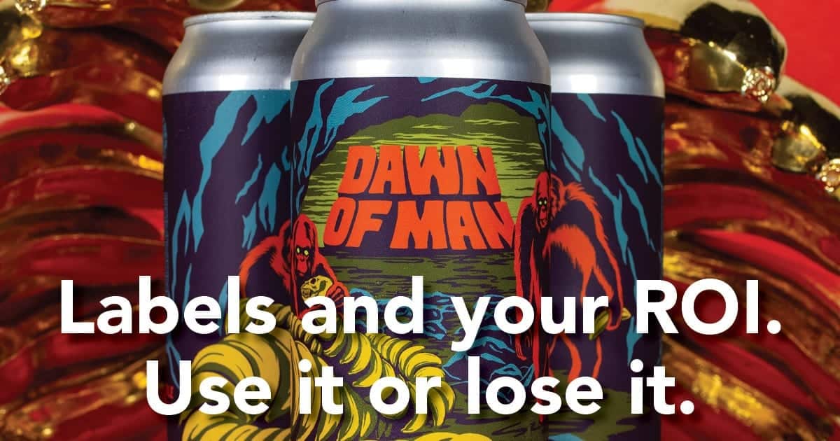 A pile of golden bananas and three cans of Dawn of Man craft beer with monkey-themed labels.
