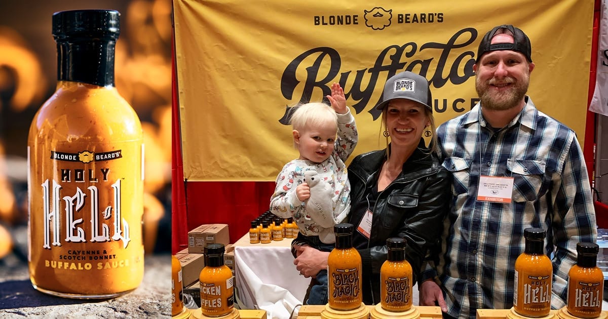 Blonde Beards Buffalo Sauce owner with his family presenting their products' attractive new labels created by Columbine Label Company.