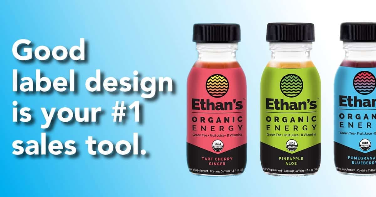 Labels made by Columbine Label are a key sales tool for Ethan's Organic Energy bottles.