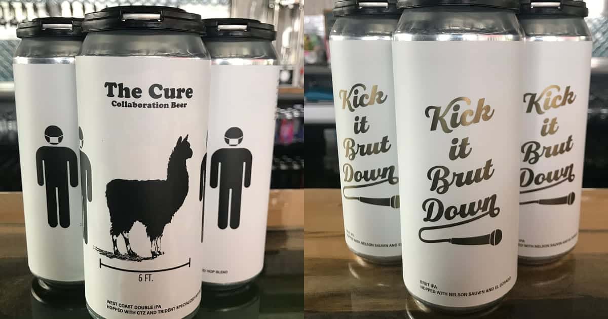A new label The Cure Collaboration Beer has a new label featuring two men with medical masks and a lama between them and on the other label text Kick it Brut Down and microphone.