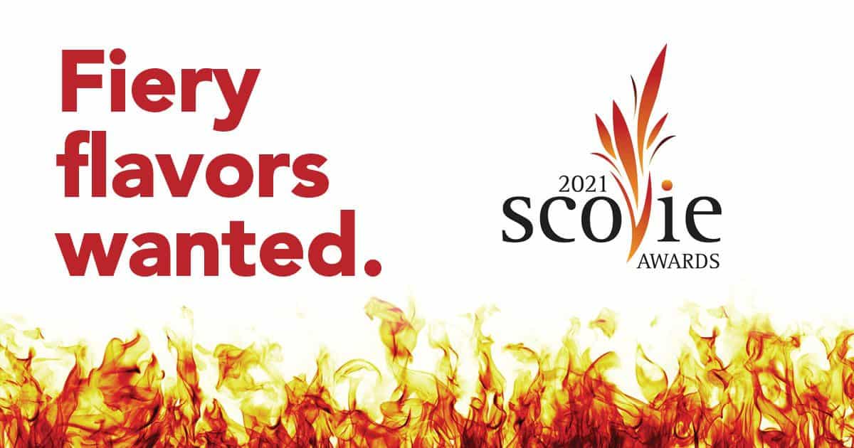 The 2021 Scovie Awards poster searches for fiery flavors surrounded by flames.