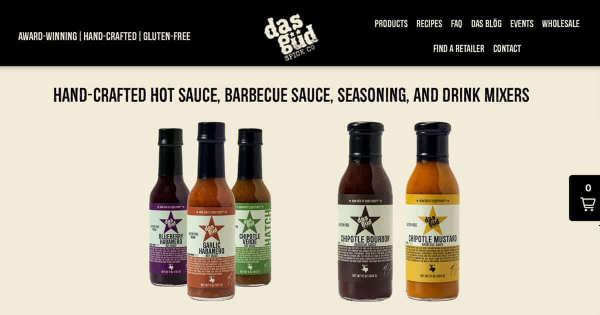 Das Gud hand-crafted hot sauce, barbecue sauce, seasoning, and drink mixers featuring eye-catching labels created by Columbine Label Company.