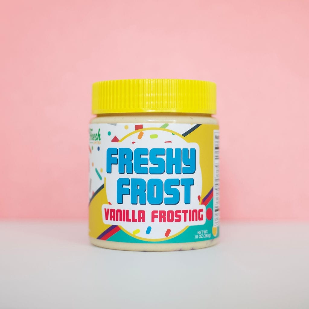 A 10 OZ jar of Freshly Frost Vanilla Frosting comes with an attractive label.