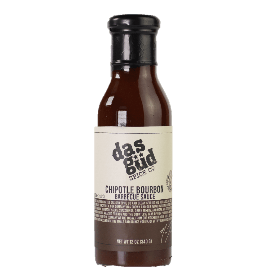 12 OZ bottle of Das Gud Chipotle Bourbon Barbecue Sauce.
