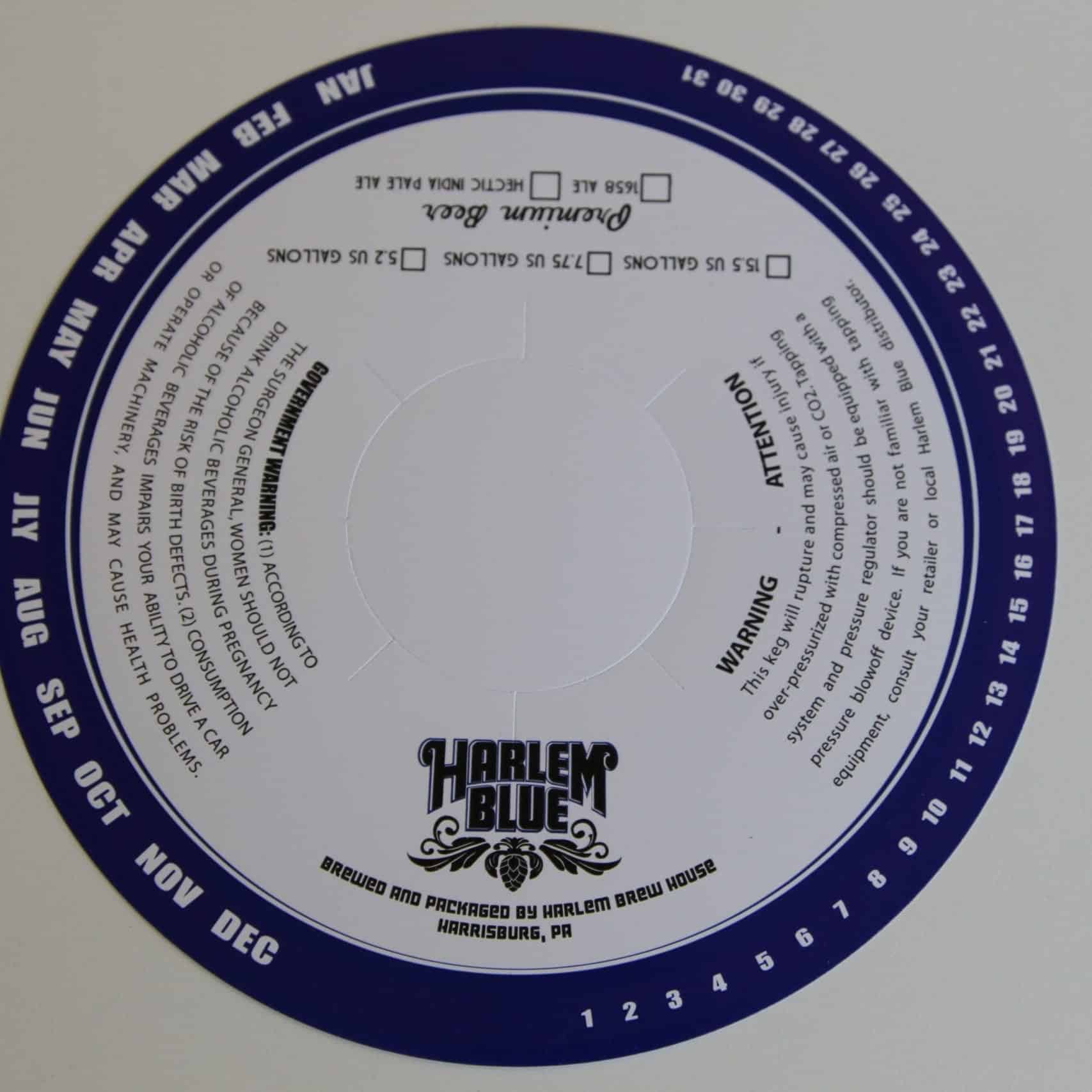 Columbine Label Inc. designed and manufactured a keg collar for the Harlem Blue Brewing Company.