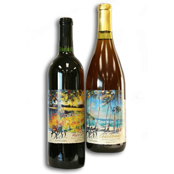 Two wine bottles decorated by colorful labels.