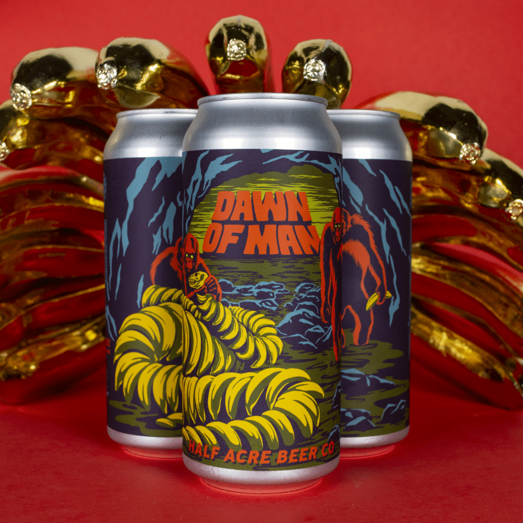 A pile of golden bananas and three cans of craft beer with monkey-themed labels.