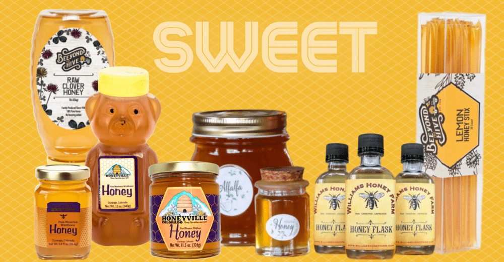 Different honey bottles and jars with the word sweet above them