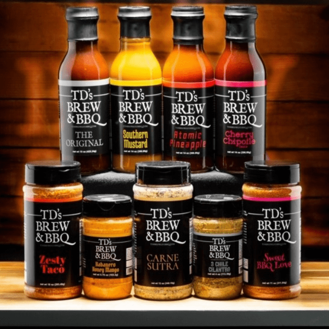 TD's Brew & BBQ sauce and spices freshly bottled and labeled