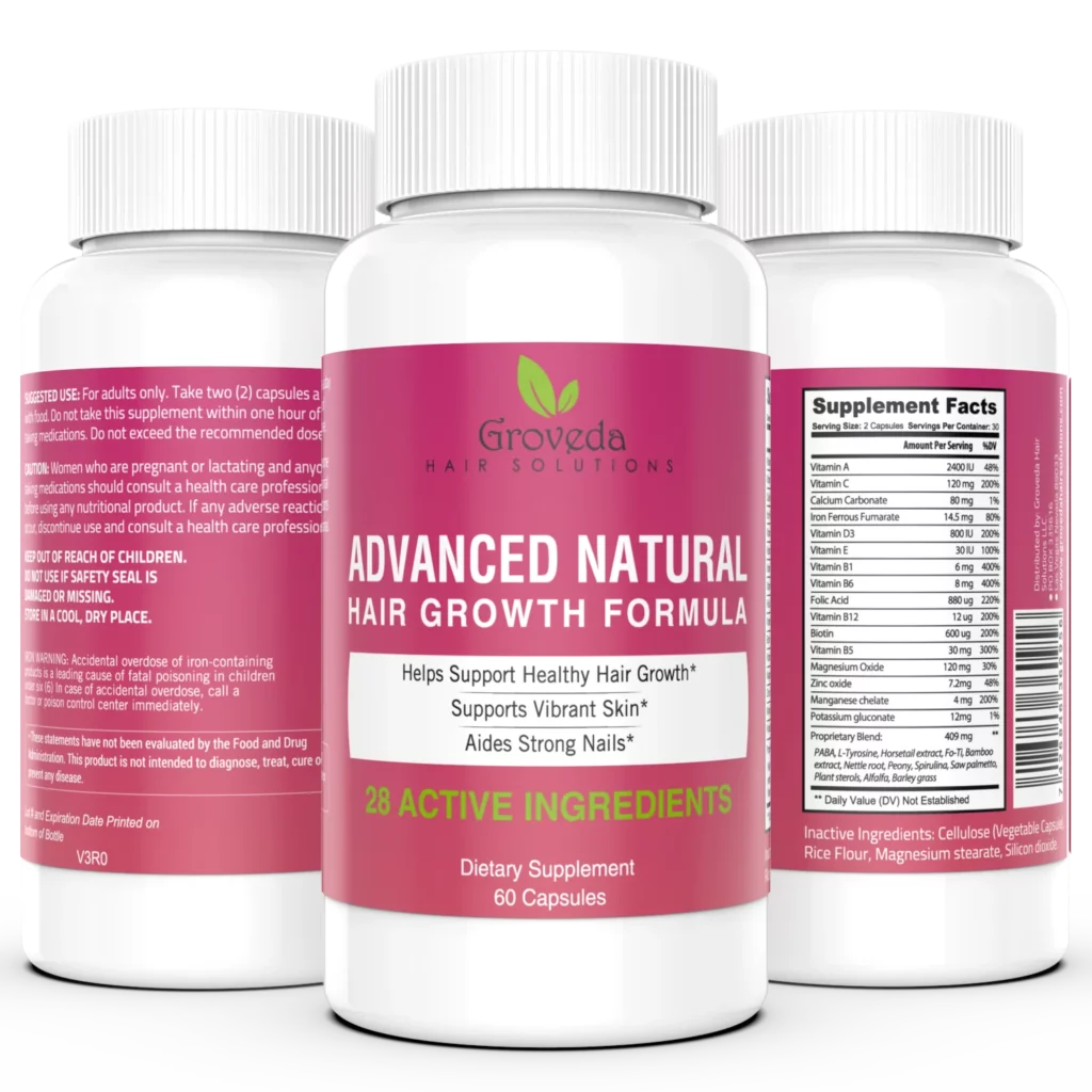 Three white custom-labeled bottles of Groveda Dietary Supplement.