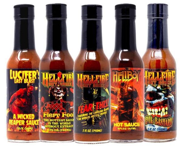 Five bottles of extremely spicy Hellfire hot sauce with custom labels made by Columbine Label.