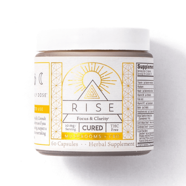 A 60 Capsule container of Rise Herbal Supplement with a captivating new custom label.