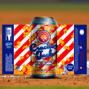 A Cracker Jack Denver Beer can with a custom label created by Columbine Label Company.