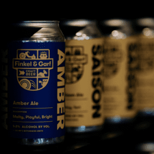 Blue and yellow Finkel & Garf craft beer labels designed by Columbine Label.