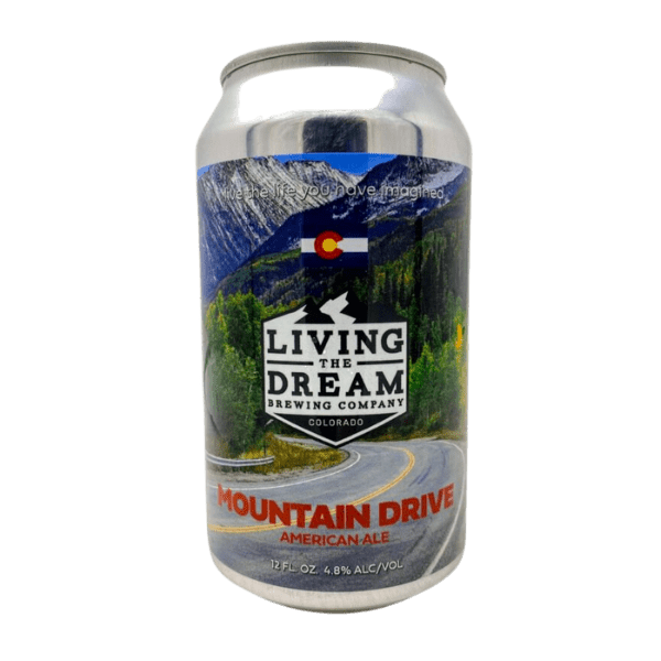 On the Living The Dream beer label, there is a picture of a mountain drive through the Colorado mountains.