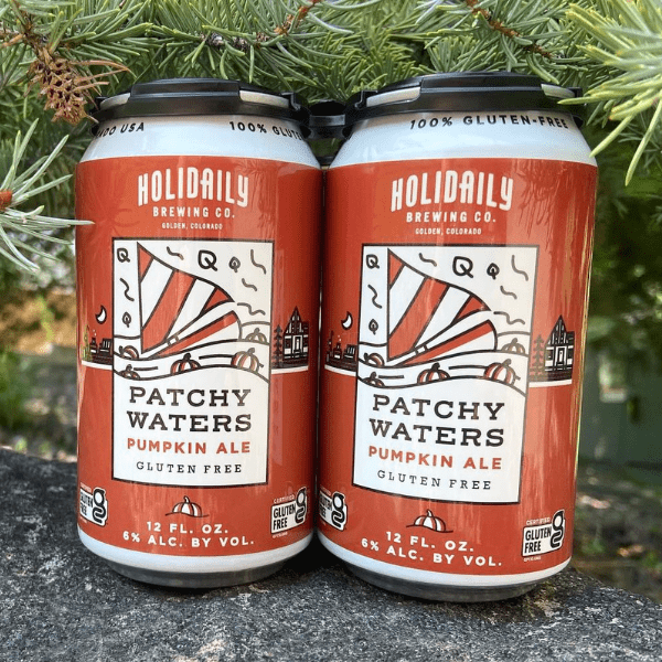 Two cans of Holidaily Patchy Waters Pumpkin Ale on a rock beneath a Christmas tree.