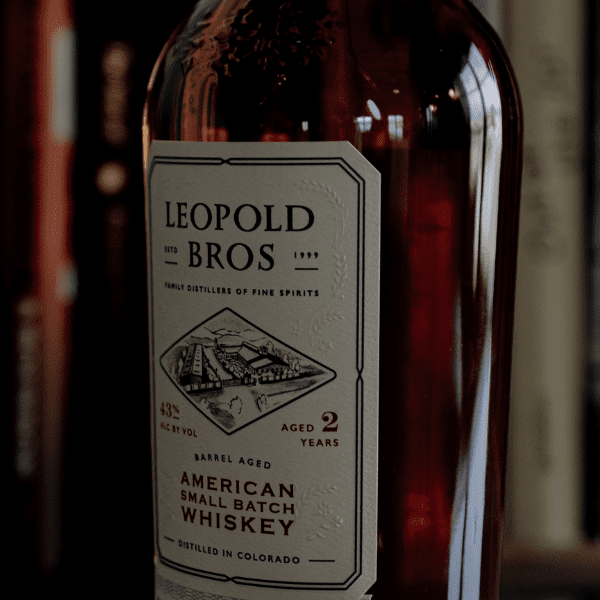 Leopold Bros American Small Batch Whiskey classy embossed label made by Columbine Label.