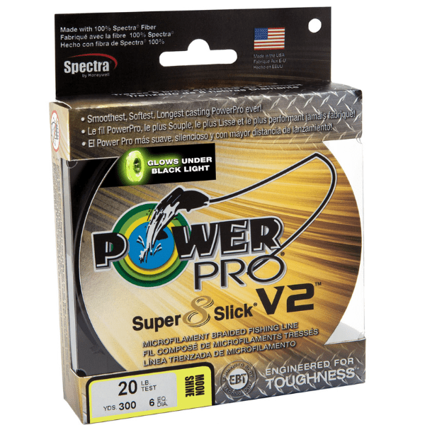 Glowing Power Pro Super Slick fishing line modern label made by Columbine Label Company.