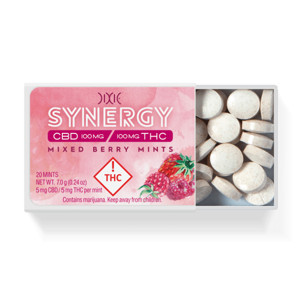 Pink labeled Synergy THC mints with berries on the label.