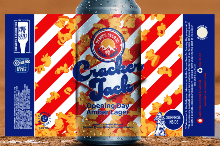 A Cracker Jack Denver Beer can with a custom label created by Columbine Label Company.