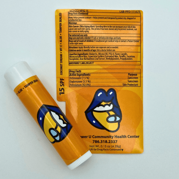 Orange lip balm label created by Columbine Label Company.