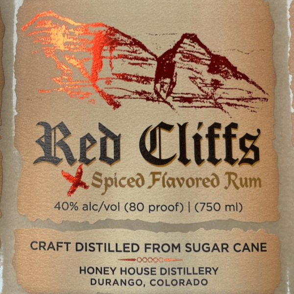 Red Cliffs Rum hot stamp vintage label created by Columbine Label.