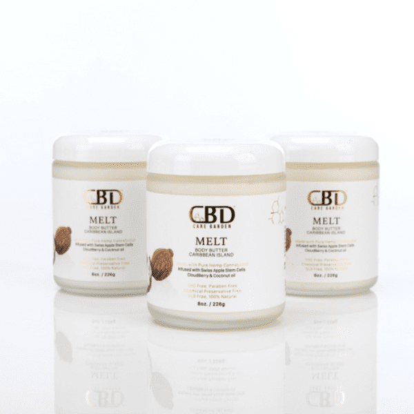 Three containers of CBD Melt Body Butter with hot stamp labels.