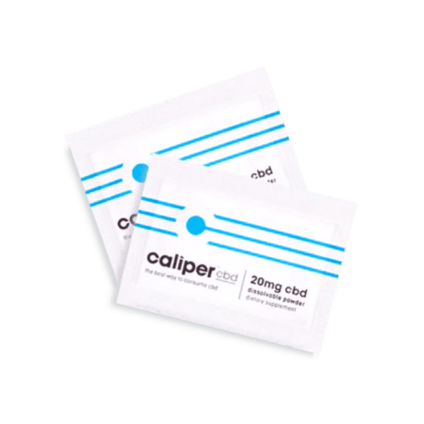 Flexible packaging of Caliper CBD 20mg custom labeled small pouches.