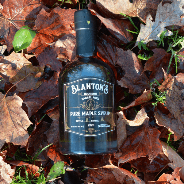 The black bottle of Blanton's Pure Marple Syrup lying on dry maple and oak leaves.