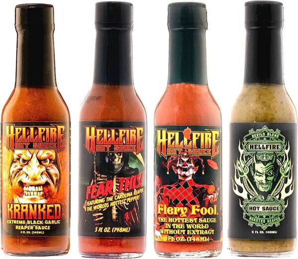 Four bottles of Hellfire Hot Sauce professionally labeled by Columbine Label Company.