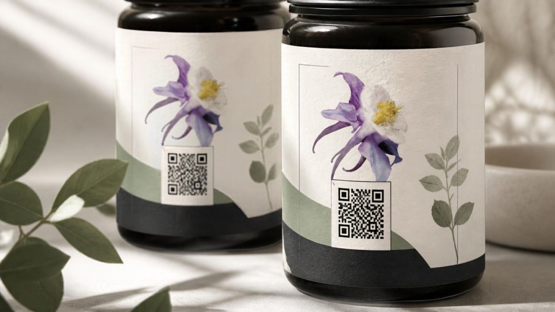 Example of 2D Barcode Labels on Product Labels Featuring the Columbine Label Flower Logo